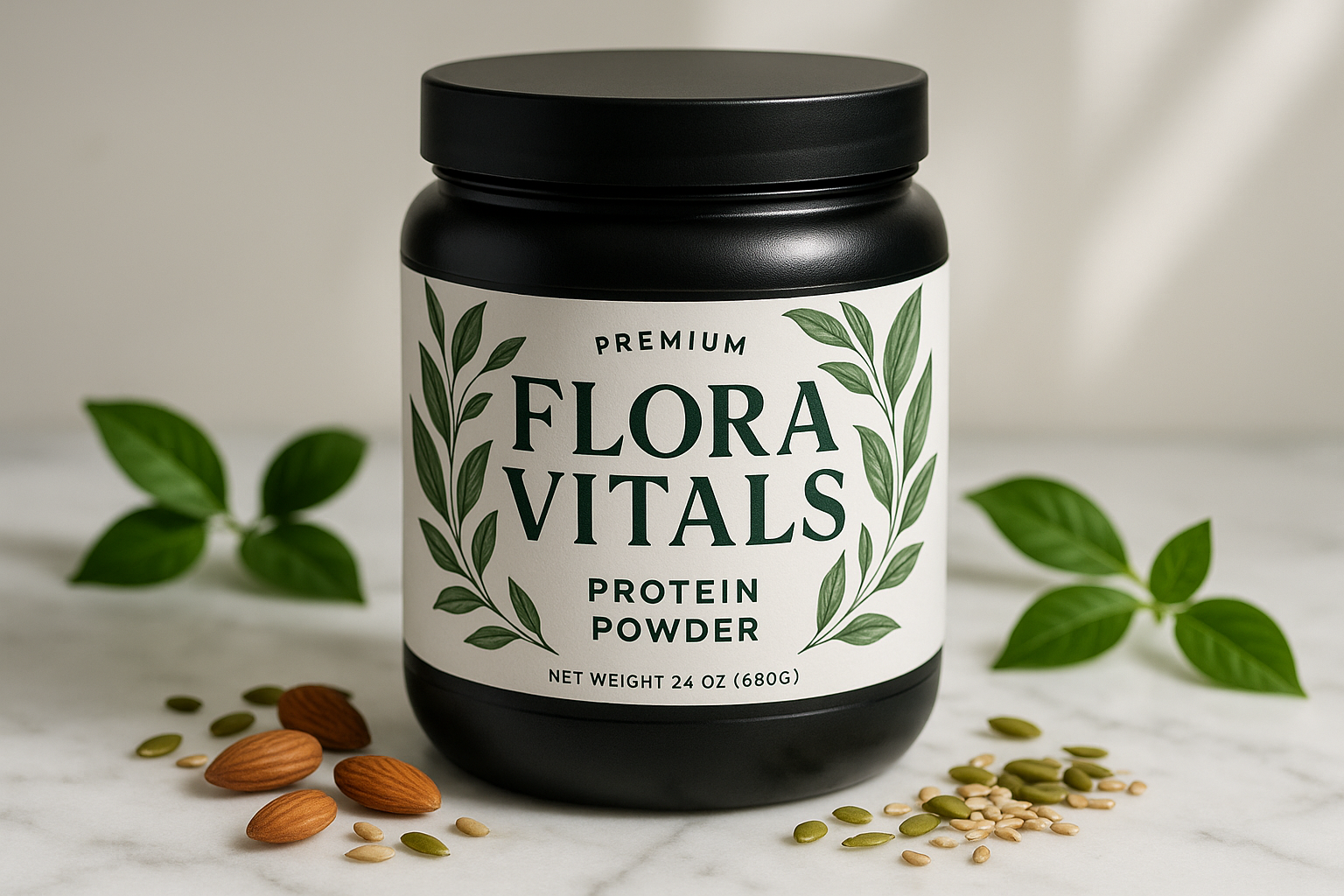 creative design or product display of protien powder and on label its written Flora Vitals